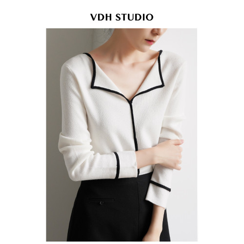 VDH STUDIO 通勤顯瘦撞色邊V領羊毛內搭毛針織衫女春打底衫上衣