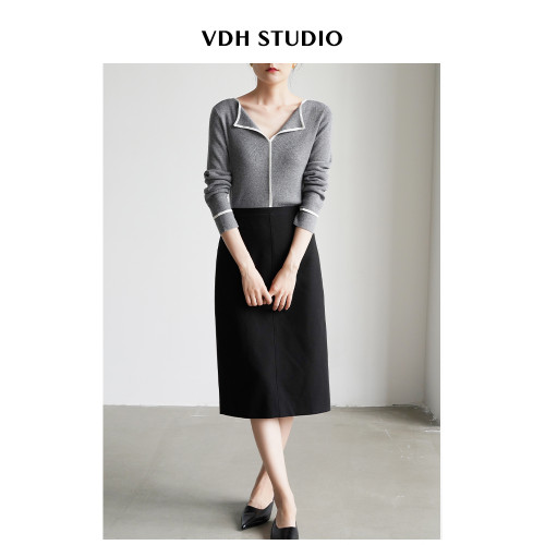 VDH STUDIO 通勤顯瘦撞色邊V領羊毛內搭毛針織衫女春打底衫上衣