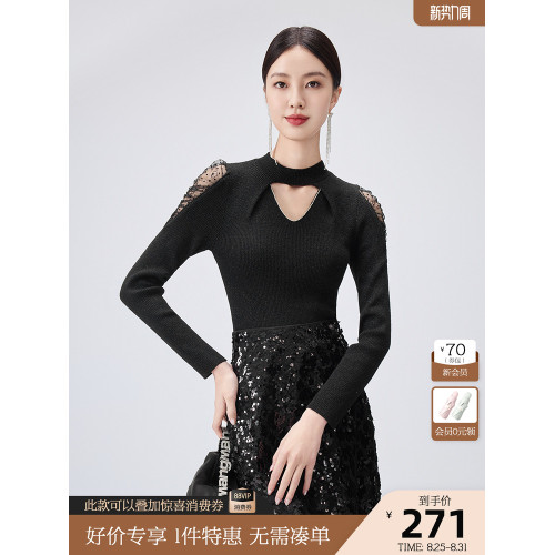 芭蒂娜蕾絲拼接針織衫女羊毛鏤空打底衫