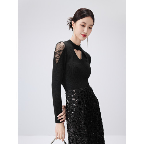 芭蒂娜蕾絲拼接針織衫女羊毛鏤空打底衫