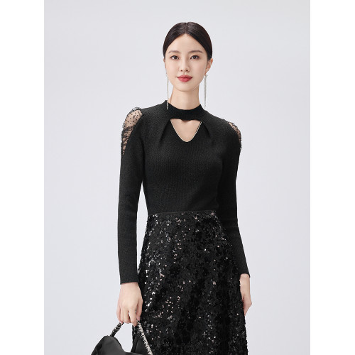 芭蒂娜蕾絲拼接針織衫女羊毛鏤空打底衫