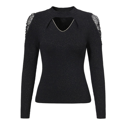 芭蒂娜蕾絲拼接針織衫女羊毛鏤空打底衫
