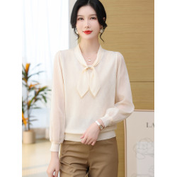 春季新款雪紡長袖冰絲針織衫小衫短款寬松薄款打底衫蝴蝶結上衣女