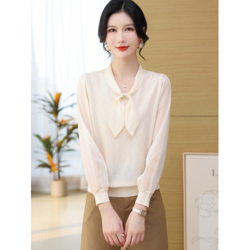 春季新款雪紡長袖冰絲針織衫小衫短款寬松薄款打底衫蝴蝶結上衣女