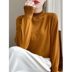 時髦洋氣蕾絲木耳領花邊毛衣女秋冬內搭寬松顯瘦半高領針織打底衫