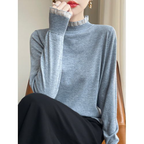 時髦洋氣蕾絲木耳領花邊毛衣女秋冬內搭寬松顯瘦半高領針織打底衫