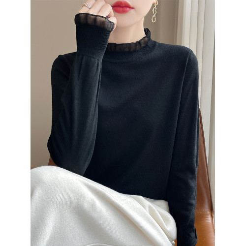 時髦洋氣蕾絲木耳領花邊毛衣女秋冬內搭寬松顯瘦半高領針織打底衫