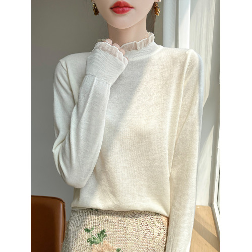 時髦洋氣蕾絲木耳領花邊毛衣女秋冬內搭寬松顯瘦半高領針織打底衫