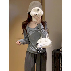 韓國淺藍色不規則蕩領扭結針織上衣女2025春夏修身露肩打底衫長袖