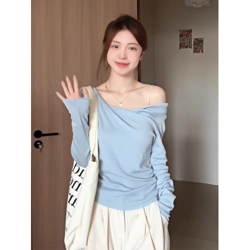 韓國淺藍色不規則蕩領扭結針織上衣女2025春夏修身露肩打底衫長袖