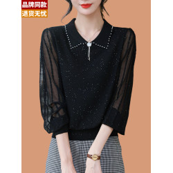 翻領冰絲針織衫長袖上衣女秋裝2025新款洋氣媽媽寬松薄紗袖打底衫