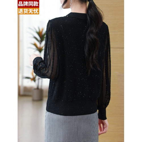 翻領冰絲針織衫長袖上衣女秋裝2025新款洋氣媽媽寬松薄紗袖打底衫