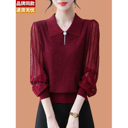 翻領冰絲針織衫長袖上衣女秋裝2025新款洋氣媽媽寬松薄紗袖打底衫