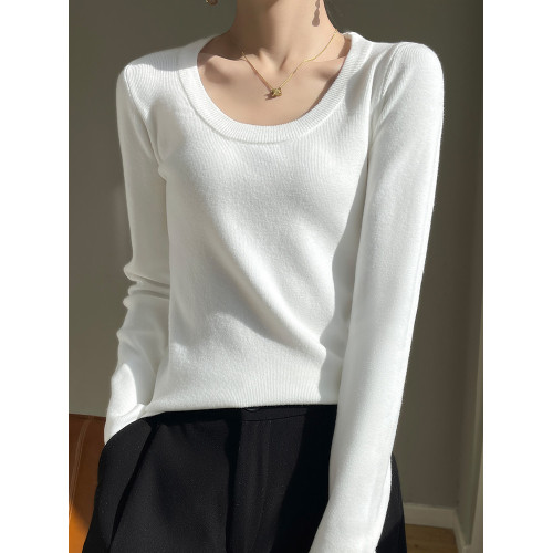 軟糯新款圓領針織衫打底衫女內搭春秋冬顯瘦上衣白色U領低領毛衣