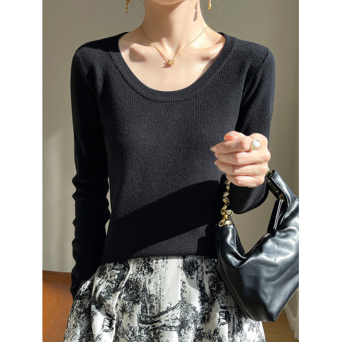 軟糯新款圓領針織衫打底衫女內搭春秋冬顯瘦上衣白色U領低領毛衣