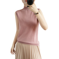 超細精紡羊毛半高領打底衫女短款馬夾焦糖色內搭針織羊絨無袖背心