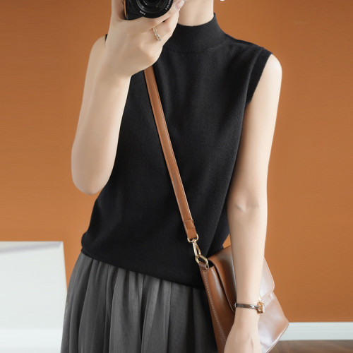 超細精紡羊毛半高領打底衫女短款馬夾焦糖色內搭針織羊絨無袖背心