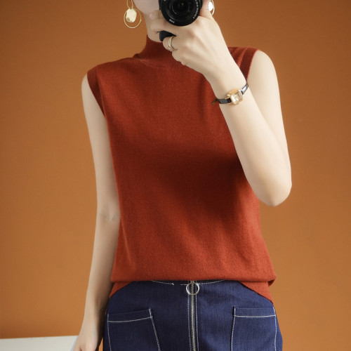 超細精紡羊毛半高領打底衫女短款馬夾焦糖色內搭針織羊絨無袖背心