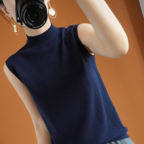 超細精紡羊毛半高領打底衫女短款馬夾焦糖色內搭針織羊絨無袖背心