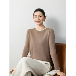 精紡100純羊毛假兩件圓領針織打底衫女修身顯瘦輕薄毛衣簡約通勤