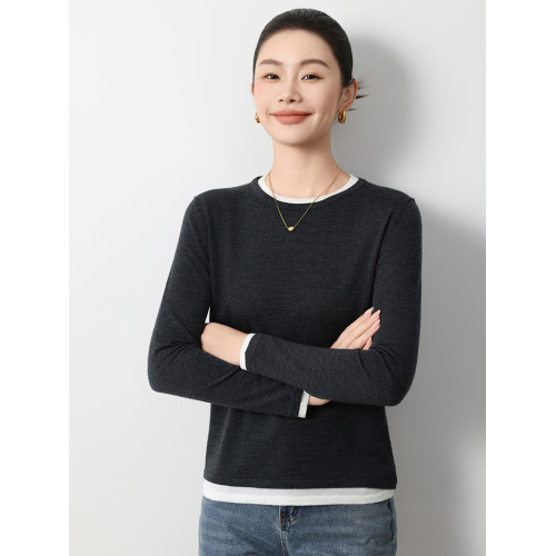 精紡100純羊毛假兩件圓領針織打底衫女修身顯瘦輕薄毛衣簡約通勤