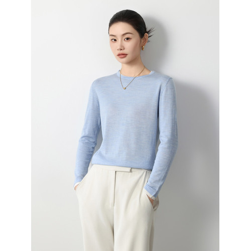 精紡100純羊毛假兩件圓領針織打底衫女修身顯瘦輕薄毛衣簡約通勤