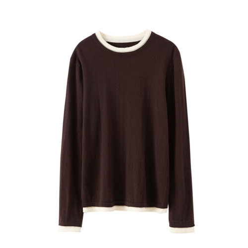 精紡100純羊毛假兩件圓領針織打底衫女修身顯瘦輕薄毛衣簡約通勤