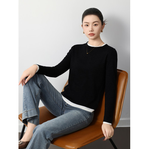 精紡100純羊毛假兩件圓領針織打底衫女修身顯瘦輕薄毛衣簡約通勤