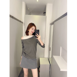 高級感露肩圓領假兩件羊毛針織打底衫女2024秋冬小衆別致上衣毛衣