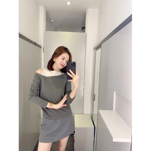 高級感露肩圓領假兩件羊毛針織打底衫女2024秋冬小衆別致上衣毛衣