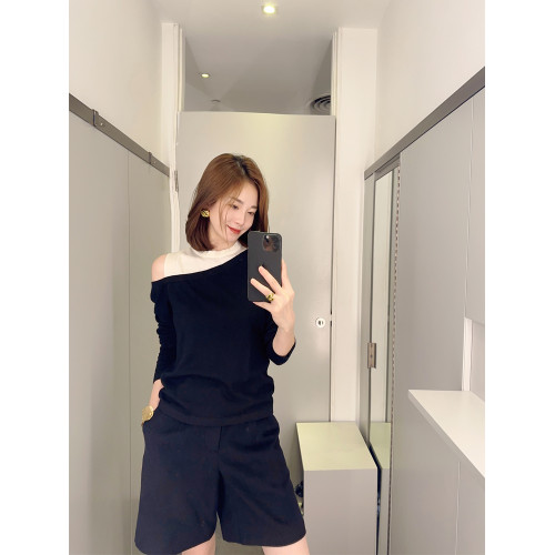 高級感露肩圓領假兩件羊毛針織打底衫女2024秋冬小衆別致上衣毛衣