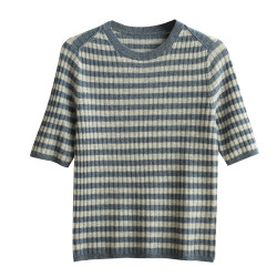 福利 無補 90羊毛10羊絨 女士條紋針織衫五分袖打底衫 春秋款