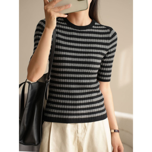 福利 無補 90羊毛10羊絨 女士條紋針織衫五分袖打底衫 春秋款