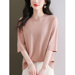 中年媽媽純色中袖羊毛針織上衣寬松大碼顯瘦羊毛衫薄款洋氣打底衫