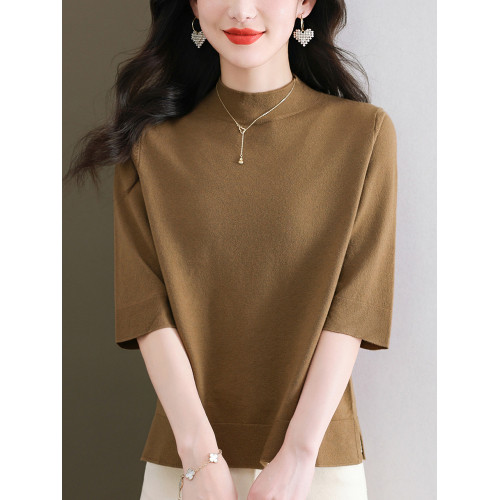 中年媽媽純色中袖羊毛針織上衣寬松大碼顯瘦羊毛衫薄款洋氣打底衫