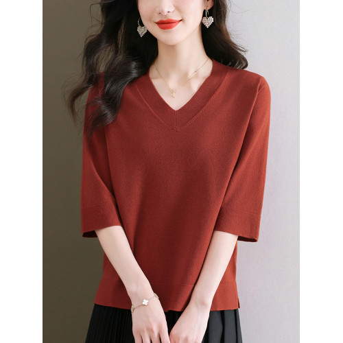 中年媽媽純色中袖羊毛針織上衣寬松大碼顯瘦羊毛衫薄款洋氣打底衫