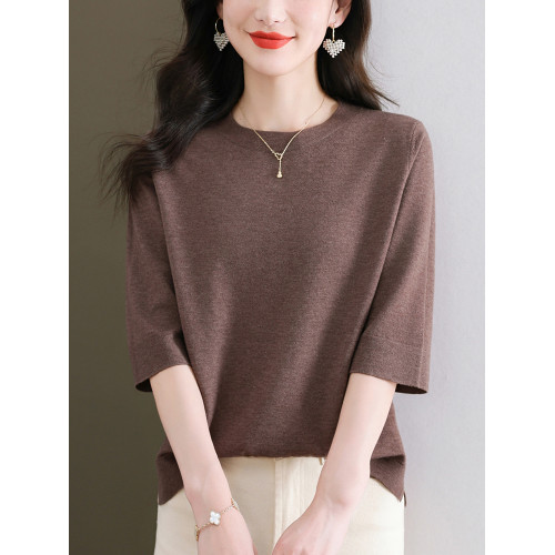 中年媽媽純色中袖羊毛針織上衣寬松大碼顯瘦羊毛衫薄款洋氣打底衫