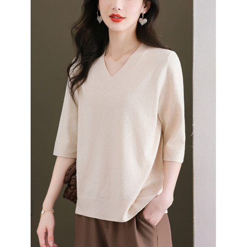 中年媽媽純色中袖羊毛針織上衣寬松大碼顯瘦羊毛衫薄款洋氣打底衫