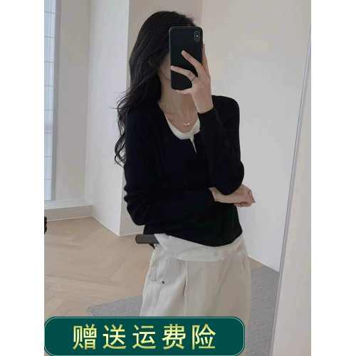 拉夏貝爾假兩件針織打底衫女2024秋季新款設計感內搭毛衣長袖上衣