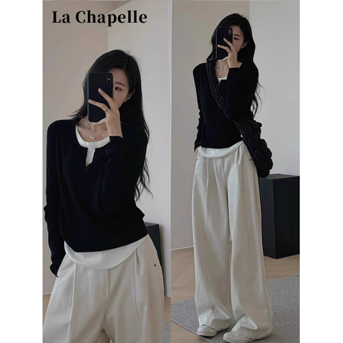 拉夏貝爾假兩件針織打底衫女2024秋季新款設計感內搭毛衣長袖上衣