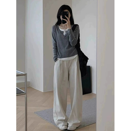 拉夏貝爾假兩件針織打底衫女2024秋季新款設計感內搭毛衣長袖上衣