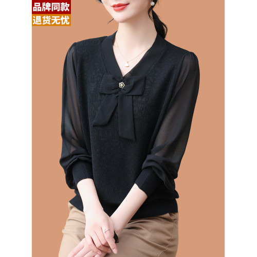 羊毛衫針織打底衫女春秋2025新款薄款蕾絲紗紗長袖上衣蝴蝶結毛衣