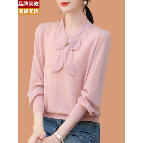 羊毛衫針織打底衫女春秋2025新款薄款蕾絲紗紗長袖上衣蝴蝶結毛衣