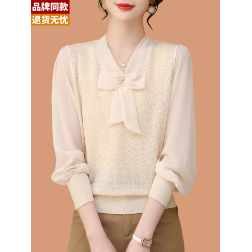 羊毛衫針織打底衫女春秋2025新款薄款蕾絲紗紗長袖上衣蝴蝶結毛衣