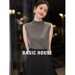 Basic House/百家好半高領無袖羊毛針織打底衫女夏季灰色修身背心