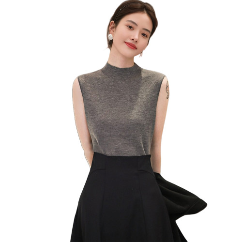 Basic House/百家好半高領無袖羊毛針織打底衫女夏季灰色修身背心