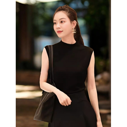 Basic House/百家好半高領無袖羊毛針織打底衫女夏季灰色修身背心