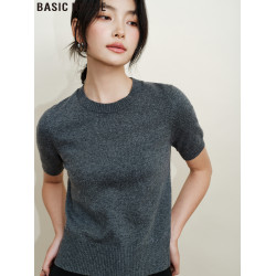 Basic House/百家好百搭軟糯圓領短袖針織衫短款內搭打底衫女秋季