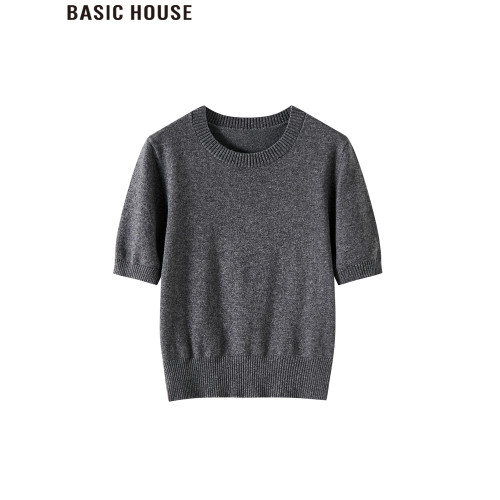 Basic House/百家好百搭軟糯圓領短袖針織衫短款內搭打底衫女秋季