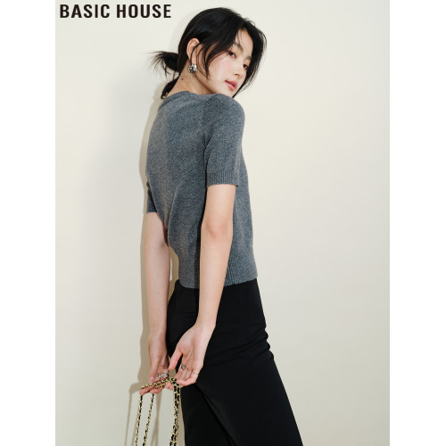 Basic House/百家好百搭軟糯圓領短袖針織衫短款內搭打底衫女秋季